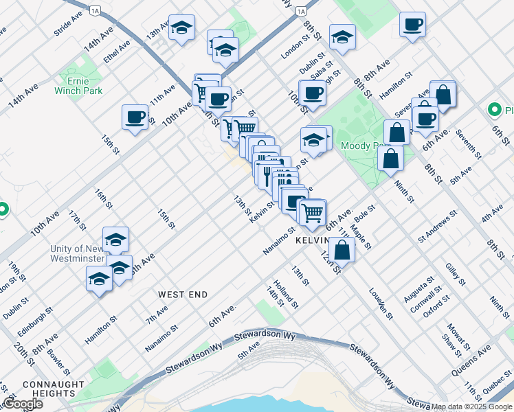 map of restaurants, bars, coffee shops, grocery stores, and more near 1218 Hamilton Street in New Westminster