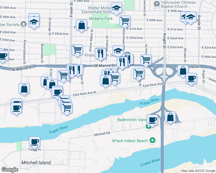 map of restaurants, bars, coffee shops, grocery stores, and more near 1083 East Kent Avenue North in Vancouver