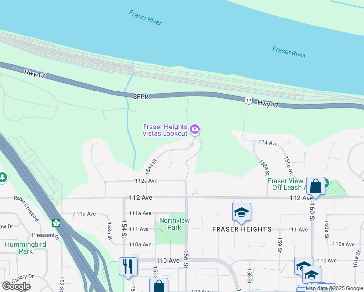 map of restaurants, bars, coffee shops, grocery stores, and more near 11397 154A Street in Surrey