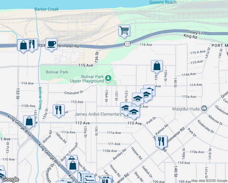 map of restaurants, bars, coffee shops, grocery stores, and more near 13313 137 Street in Surrey