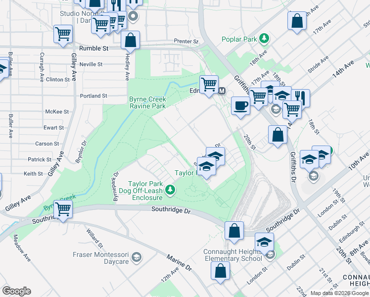 map of restaurants, bars, coffee shops, grocery stores, and more near 7418 Byrnepark Walk in Burnaby