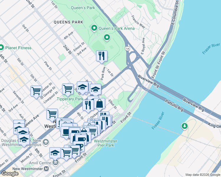 map of restaurants, bars, coffee shops, grocery stores, and more near 117 Cunningham Street in New Westminster