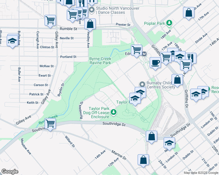 map of restaurants, bars, coffee shops, grocery stores, and more near 7418 Byrnepark Walk in Burnaby