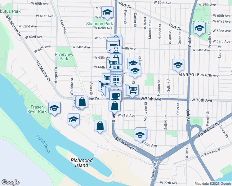 map of restaurants, bars, coffee shops, grocery stores, and more near 8542 Granville Street in Vancouver