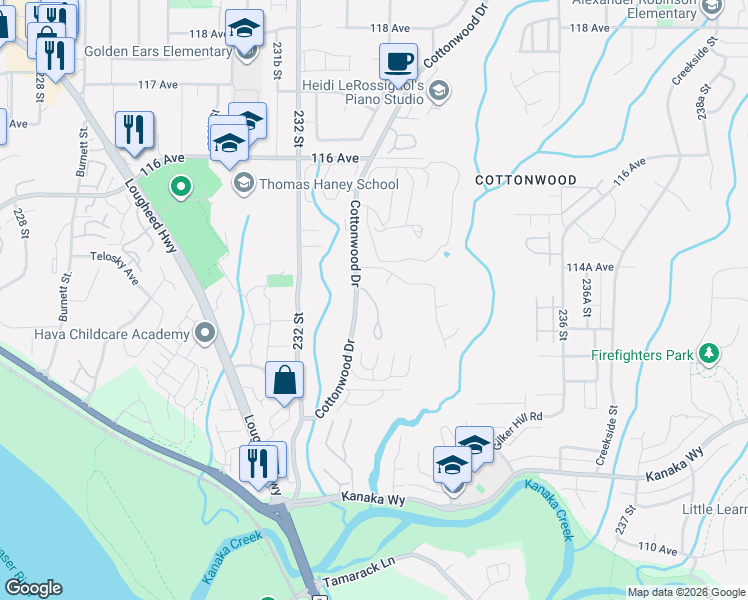 map of restaurants, bars, coffee shops, grocery stores, and more near 11358 Cottonwood Drive in Maple Ridge