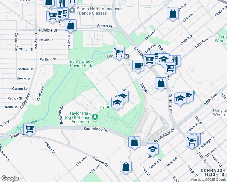 map of restaurants, bars, coffee shops, grocery stores, and more near 7495 Sandborne Avenue in Burnaby
