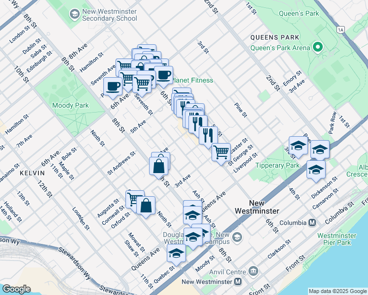 map of restaurants, bars, coffee shops, grocery stores, and more near 325 Seventh Street in New Westminster
