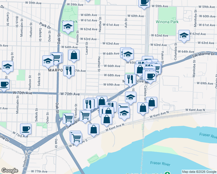 map of restaurants, bars, coffee shops, grocery stores, and more near in Vancouver