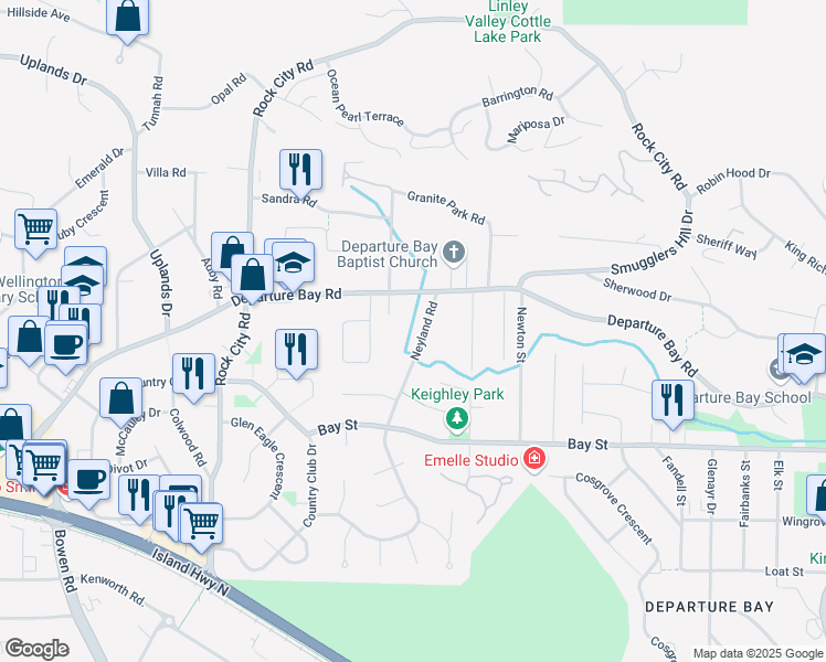 map of restaurants, bars, coffee shops, grocery stores, and more near 3063 Neyland Road in Nanaimo