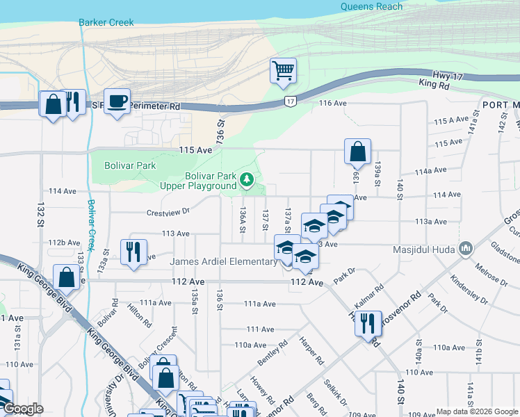 map of restaurants, bars, coffee shops, grocery stores, and more near 13313 137 Street in Surrey