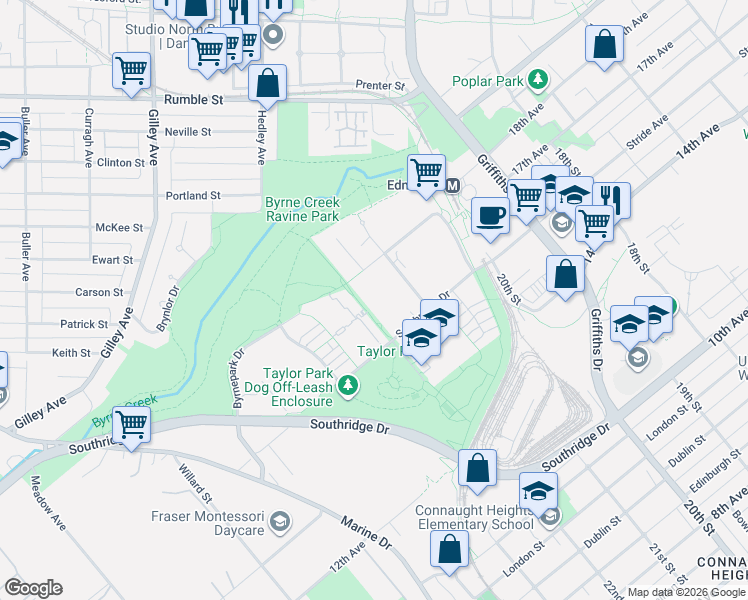 map of restaurants, bars, coffee shops, grocery stores, and more near 6742 Station Hill Court in Burnaby