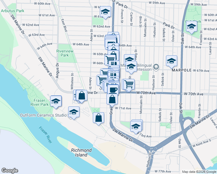 map of restaurants, bars, coffee shops, grocery stores, and more near 8555 Granville Street in Vancouver