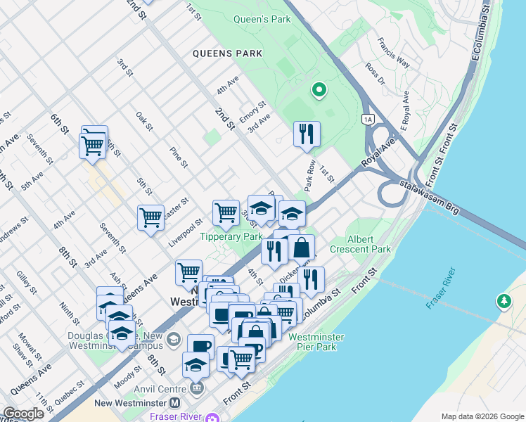 map of restaurants, bars, coffee shops, grocery stores, and more near 223 Manitoba Street in New Westminster