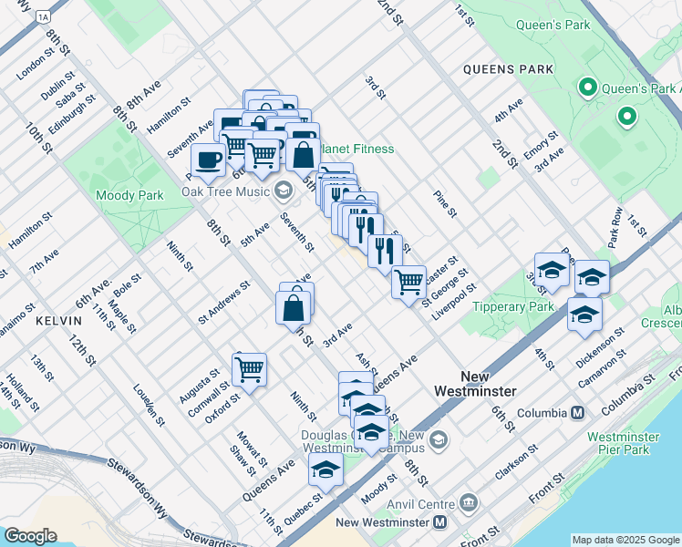 map of restaurants, bars, coffee shops, grocery stores, and more near 325 Seventh Street in New Westminster