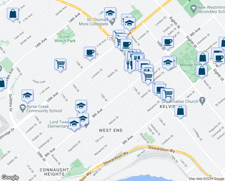 map of restaurants, bars, coffee shops, grocery stores, and more near 1408 Edinburgh Street in New Westminster