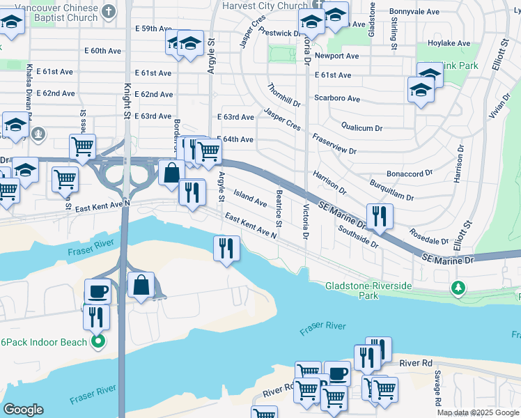 map of restaurants, bars, coffee shops, grocery stores, and more near 1808 Island Avenue in Vancouver