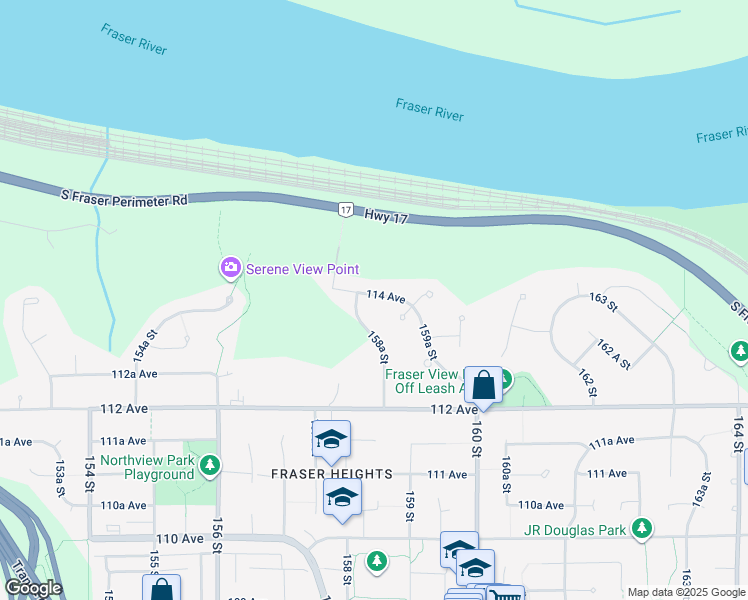 map of restaurants, bars, coffee shops, grocery stores, and more near 15858 114 Avenue in Surrey