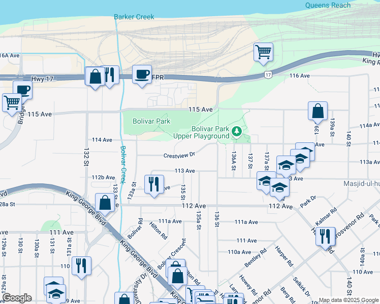 map of restaurants, bars, coffee shops, grocery stores, and more near 13515 Crestview Drive in Surrey