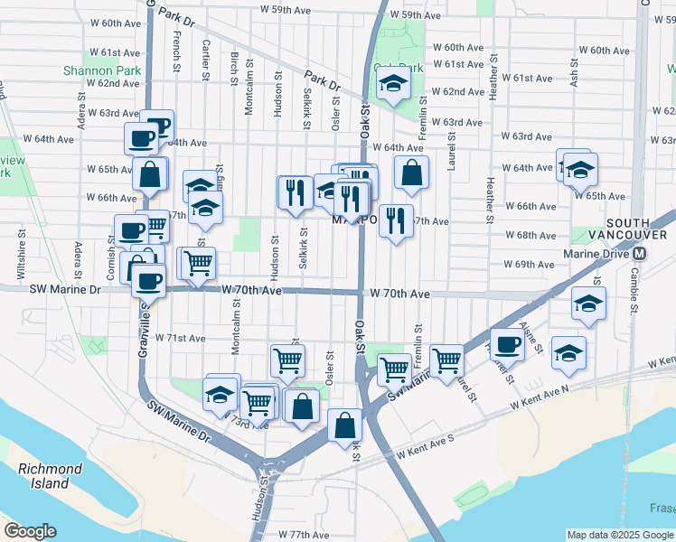 map of restaurants, bars, coffee shops, grocery stores, and more near 8572 Osler Street in Vancouver