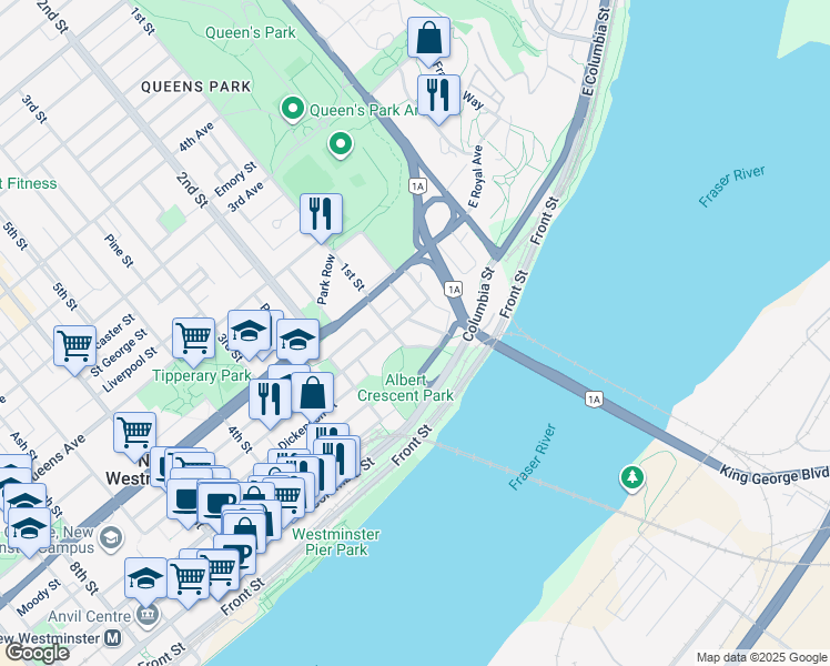 map of restaurants, bars, coffee shops, grocery stores, and more near 65 First Street in New Westminster
