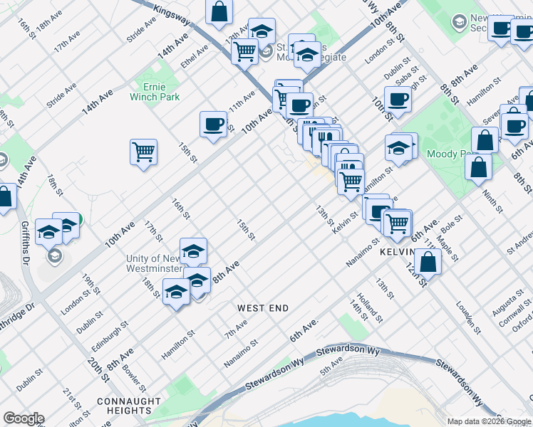 map of restaurants, bars, coffee shops, grocery stores, and more near 1408 Edinburgh Street in New Westminster