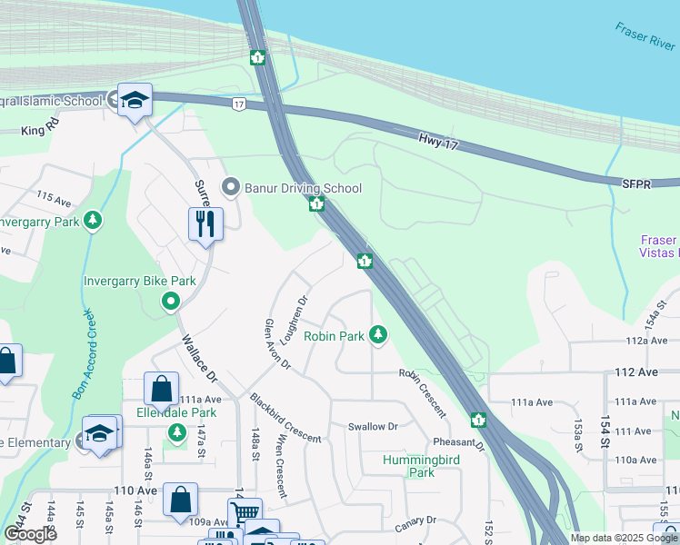 map of restaurants, bars, coffee shops, grocery stores, and more near 11382 Loughren Drive in Surrey