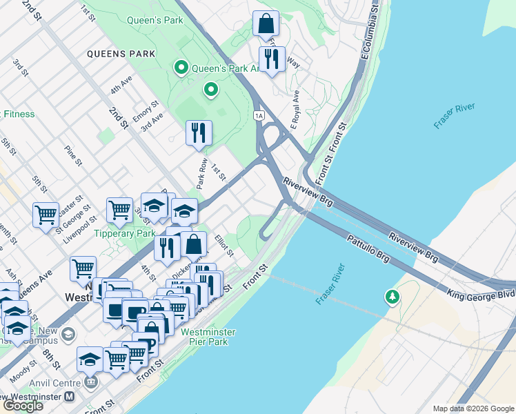 map of restaurants, bars, coffee shops, grocery stores, and more near 65 1st Street in New Westminster