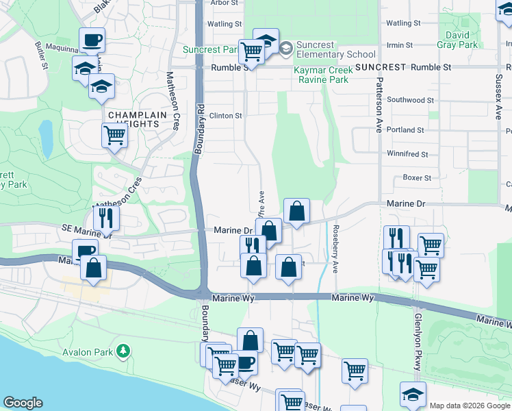 map of restaurants, bars, coffee shops, grocery stores, and more near 8275 Joffre Avenue in Burnaby