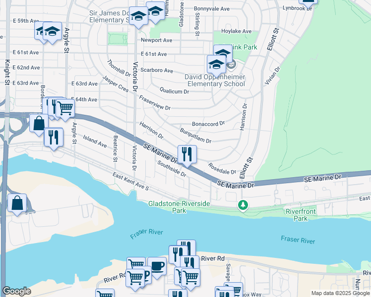 map of restaurants, bars, coffee shops, grocery stores, and more near 2211 Harrison Drive in Vancouver