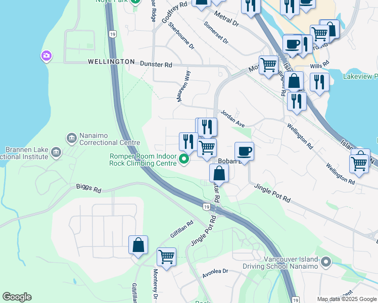 map of restaurants, bars, coffee shops, grocery stores, and more near 4376 Boban Drive in Nanaimo
