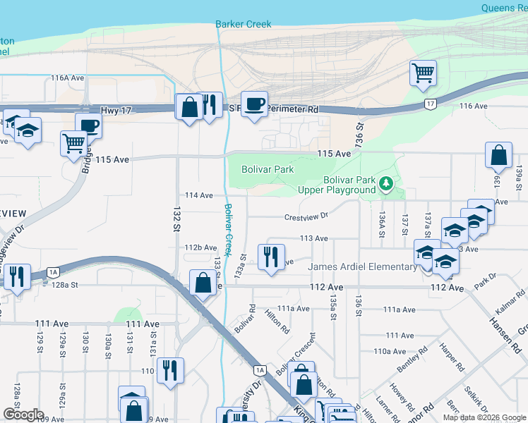 map of restaurants, bars, coffee shops, grocery stores, and more near 13389 Crestview Drive in Surrey