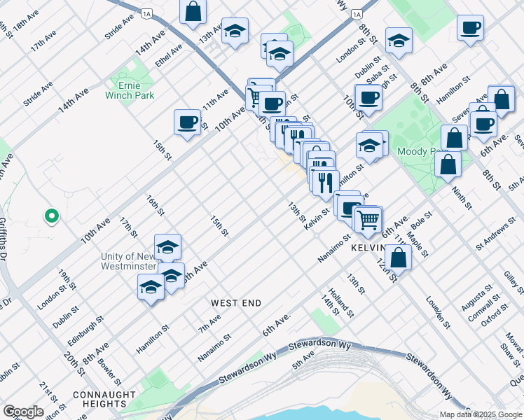 map of restaurants, bars, coffee shops, grocery stores, and more near 1337 8th Avenue in New Westminster