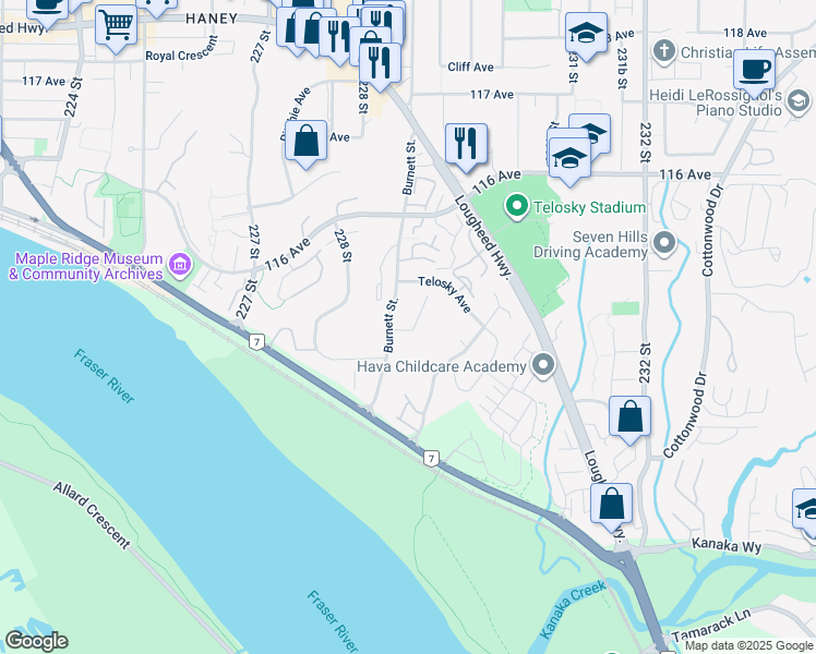 map of restaurants, bars, coffee shops, grocery stores, and more near 11384 Burnett Street in Maple Ridge