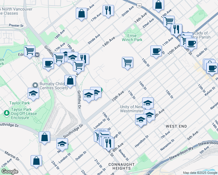 map of restaurants, bars, coffee shops, grocery stores, and more near 7123 11th Avenue in Burnaby