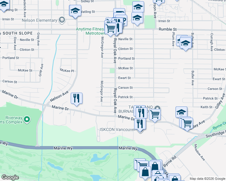 map of restaurants, bars, coffee shops, grocery stores, and more near 8227 Royal Oak Avenue in Burnaby