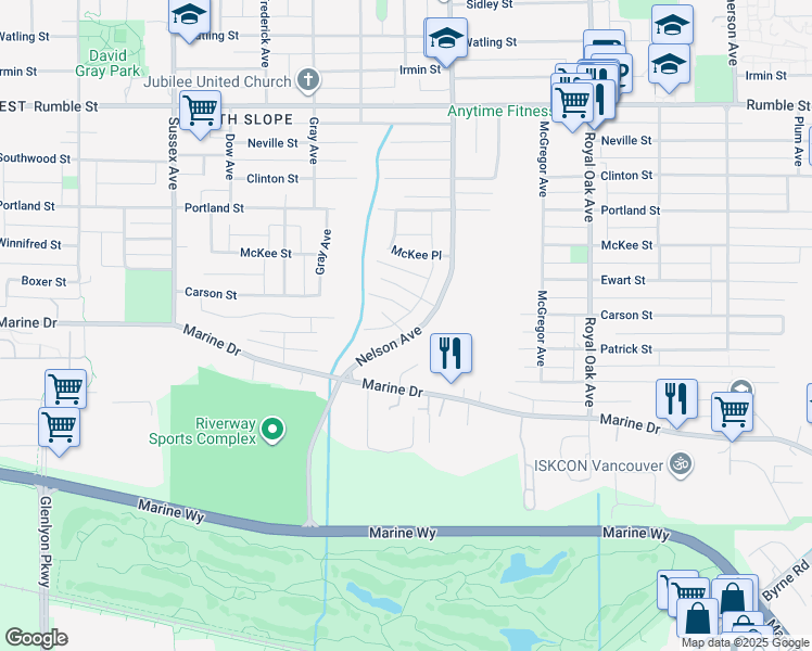map of restaurants, bars, coffee shops, grocery stores, and more near 4897 Patrick Place in Burnaby