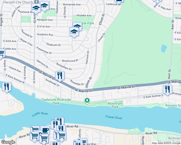 map of restaurants, bars, coffee shops, grocery stores, and more near 8215 Elliott Street in Vancouver
