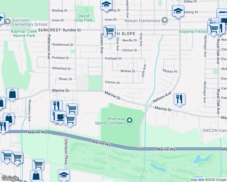 map of restaurants, bars, coffee shops, grocery stores, and more near 4479 Marine Drive in Burnaby