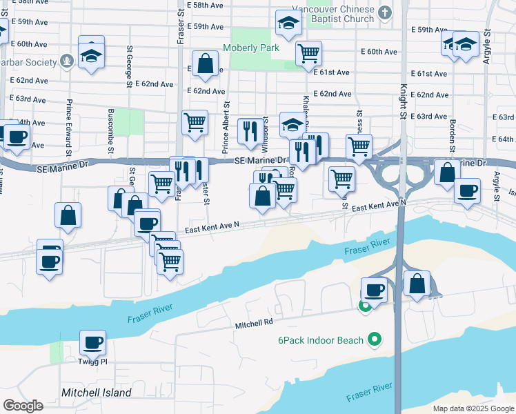 map of restaurants, bars, coffee shops, grocery stores, and more near 1083 East Kent Avenue North in Vancouver