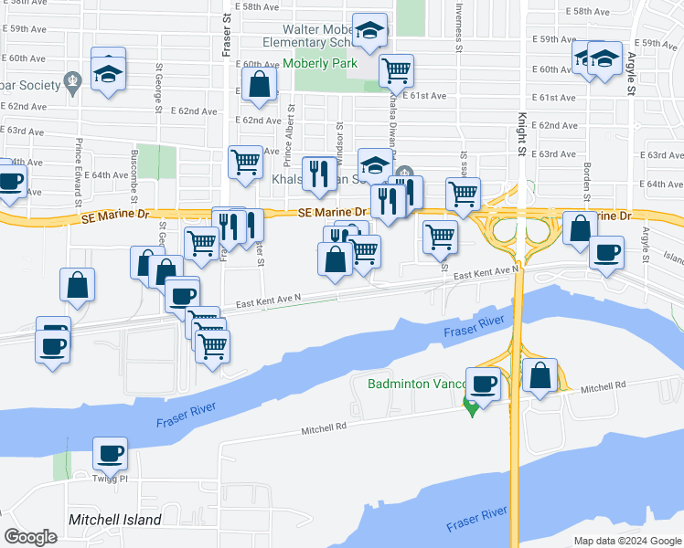 map of restaurants, bars, coffee shops, grocery stores, and more near 1083 East Kent Avenue North in Vancouver