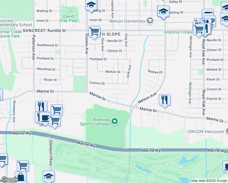 map of restaurants, bars, coffee shops, grocery stores, and more near 4581 Sunland Place in Burnaby