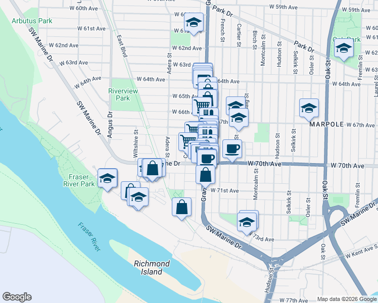 map of restaurants, bars, coffee shops, grocery stores, and more near 8538 Cornish Street in Vancouver