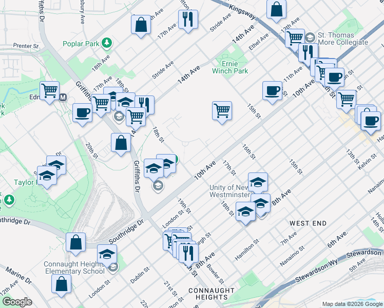 map of restaurants, bars, coffee shops, grocery stores, and more near 53 11th Avenue in Burnaby