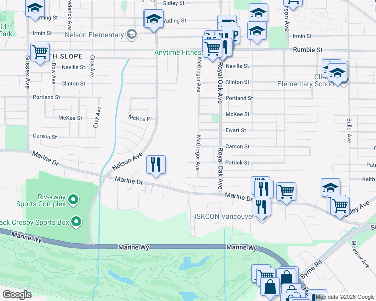 map of restaurants, bars, coffee shops, grocery stores, and more near 5058 Carson Street in Burnaby