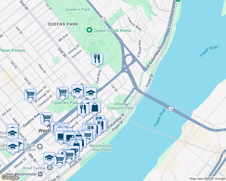 map of restaurants, bars, coffee shops, grocery stores, and more near 101 Agnes Street in New Westminster