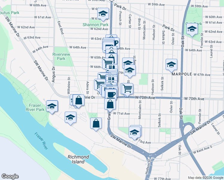 map of restaurants, bars, coffee shops, grocery stores, and more near 8532 Granville Street in Vancouver