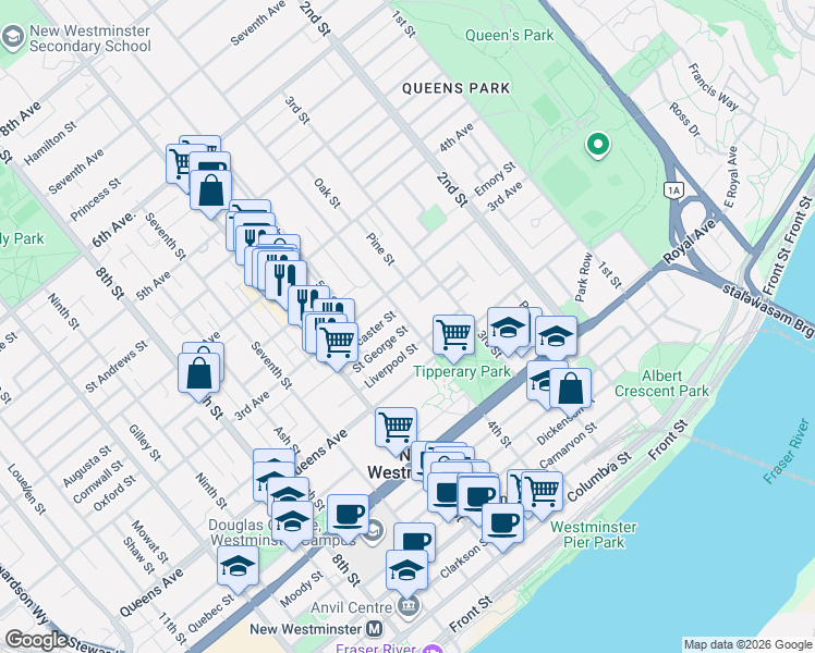 map of restaurants, bars, coffee shops, grocery stores, and more near 403 St George St in New Westminster