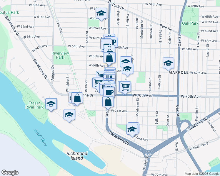 map of restaurants, bars, coffee shops, grocery stores, and more near 8532 Granville Street in Vancouver