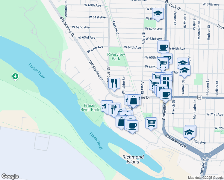 map of restaurants, bars, coffee shops, grocery stores, and more near 1765 Southwest Marine Drive in Vancouver