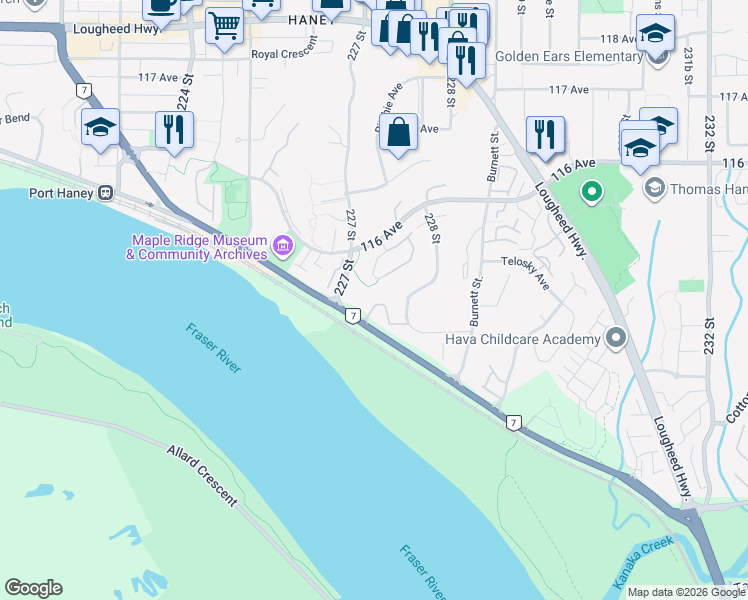 map of restaurants, bars, coffee shops, grocery stores, and more near 22751 Haney Bypass in Maple Ridge